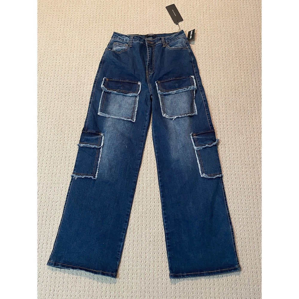 American Bazi RJH-9167 Wide Leg Cargo Denim Pants Blue Distressed Frayed Medium